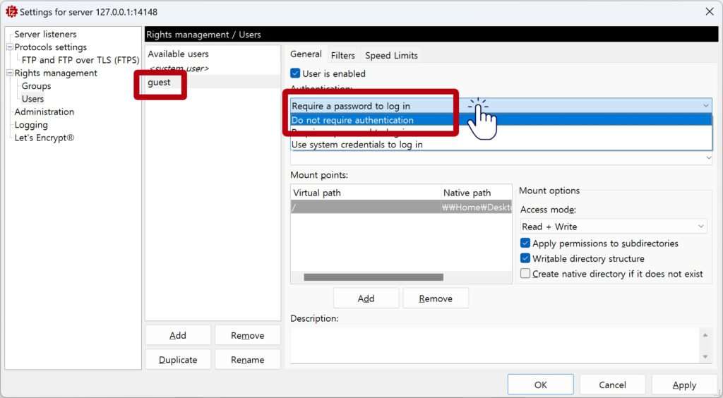 FileZilla ftp Server guest setting