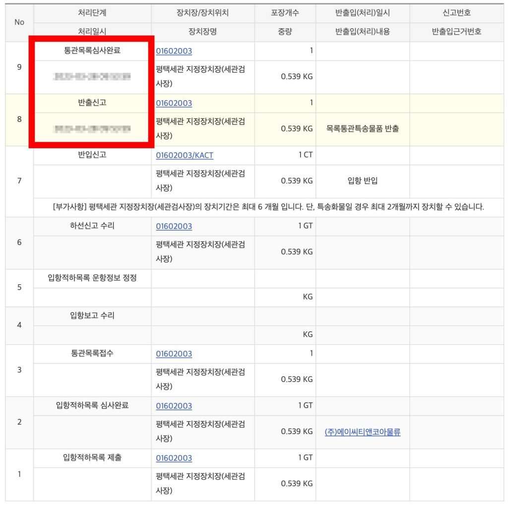 해외 직구 물품 통관 정보 조회 화면