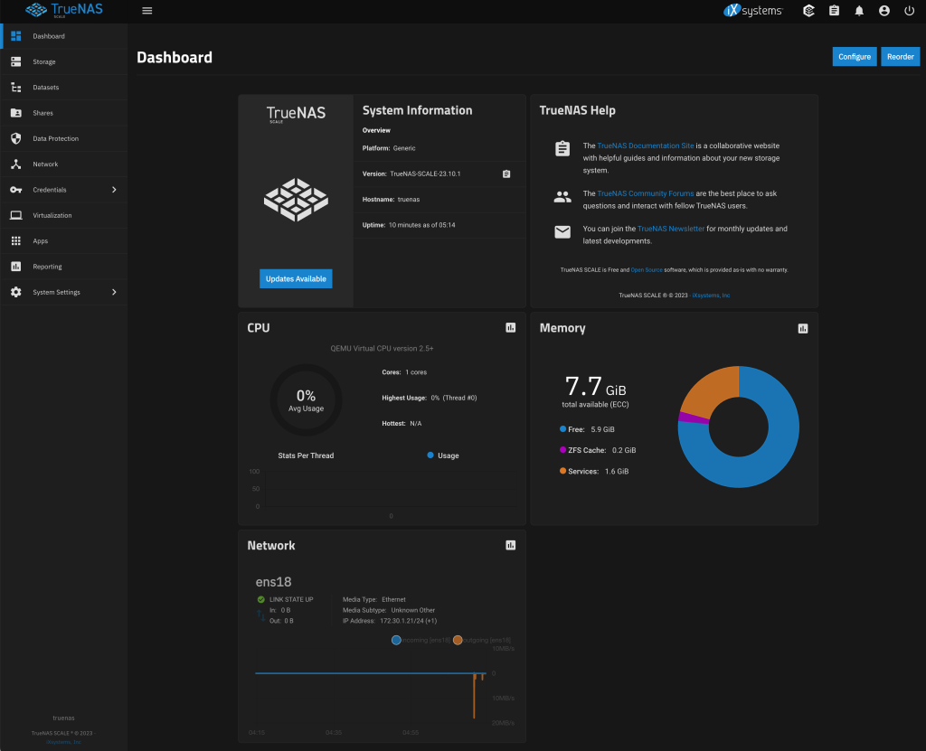 TrueNAS Scale  관리자 페이지